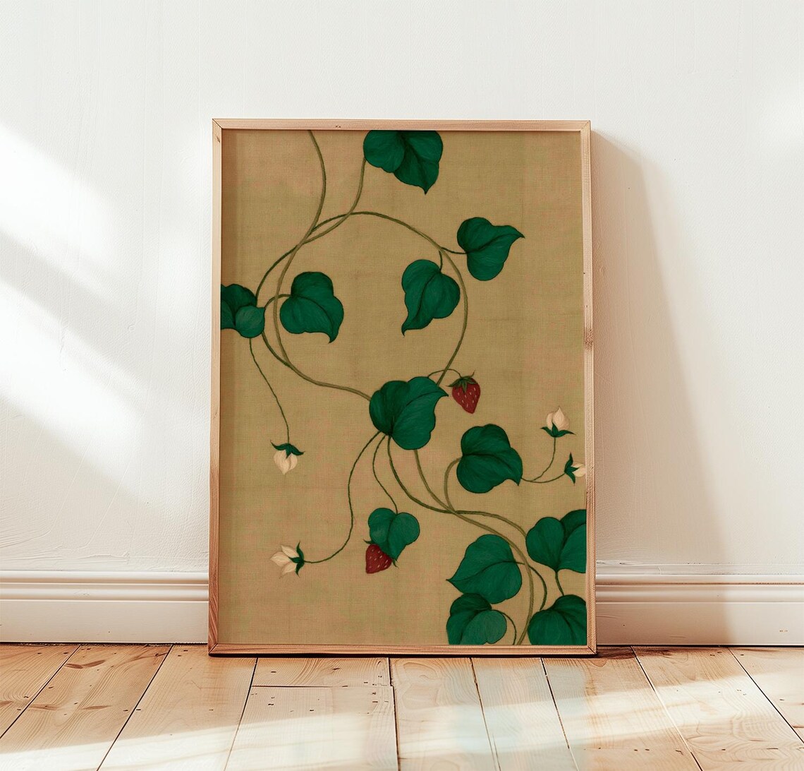 Strawberry Vine Botanical Illustration Cream Blossom Art Print