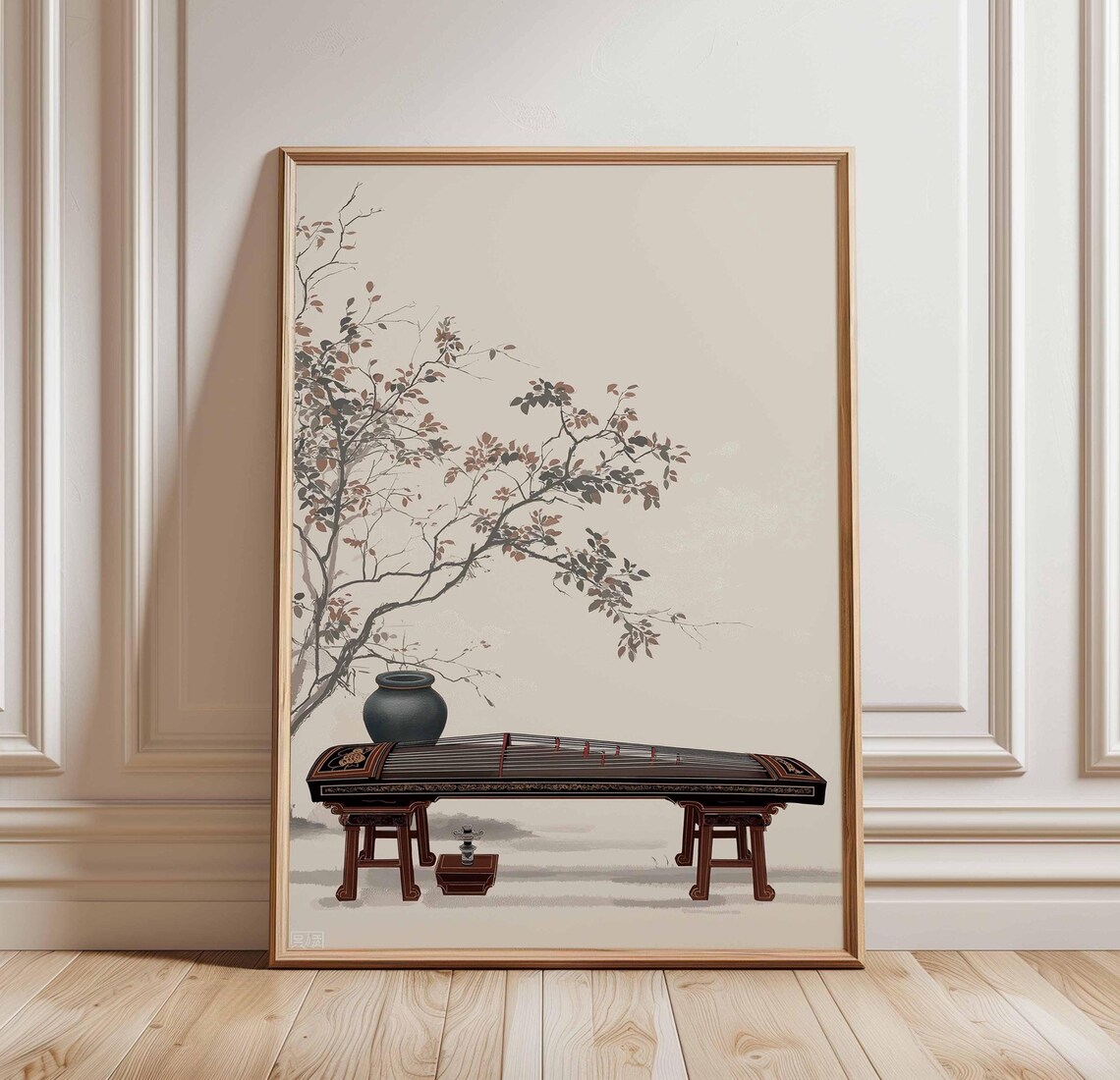 Chinese Guzheng Zither Minimalist Ink Painting Plum Branch Poster