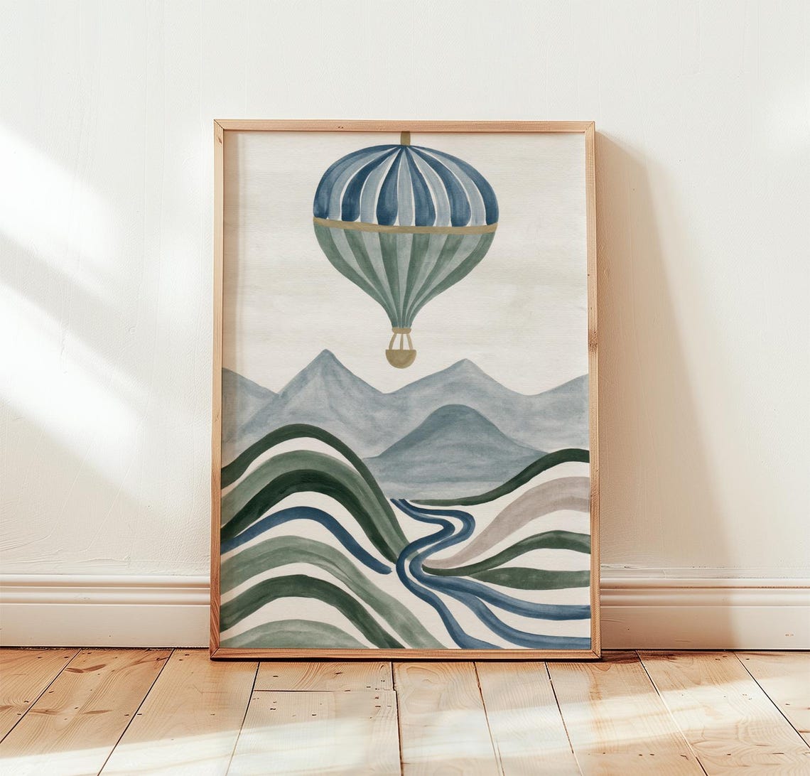 Blue Hot Air Balloon Over Neutral Landscape Minimal Art Poster
