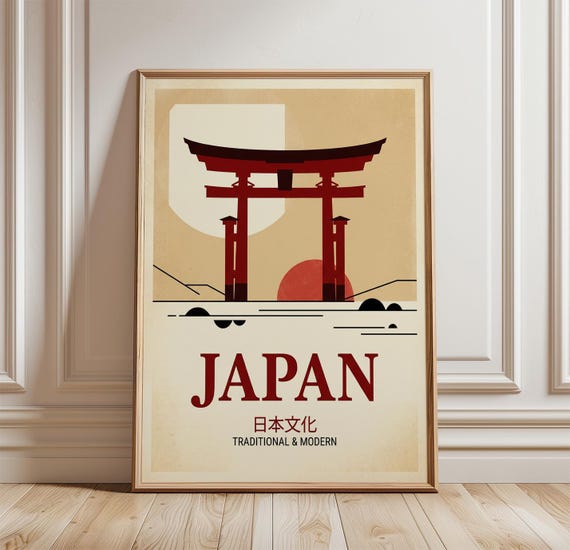 Japan Travel Poster Torii Gate Wall Art Print Japanese Cherry Blossom Illustration Vintage Asia Decor Minimal Cultural Artwork