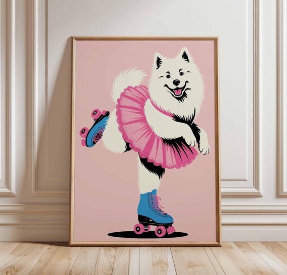 Roller Skating Dog Poster Funny Samoyed Wall Art Pink Tutu Animal Print Cute Room Decor Whimsical Pet Illustration