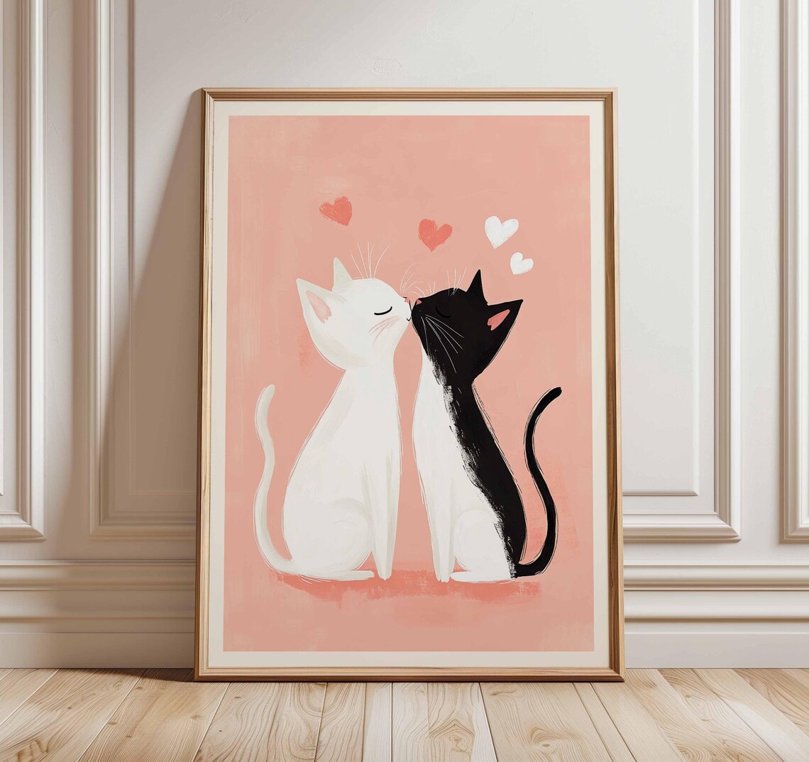 Cat Couple Poster, Romantic Minimalist Illustration