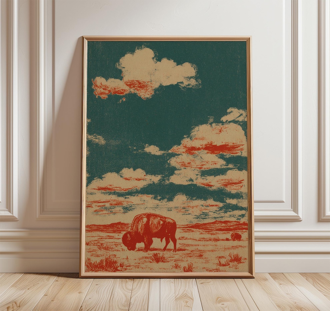 Vintage Bison Retro Western Poster, Desert Landscape