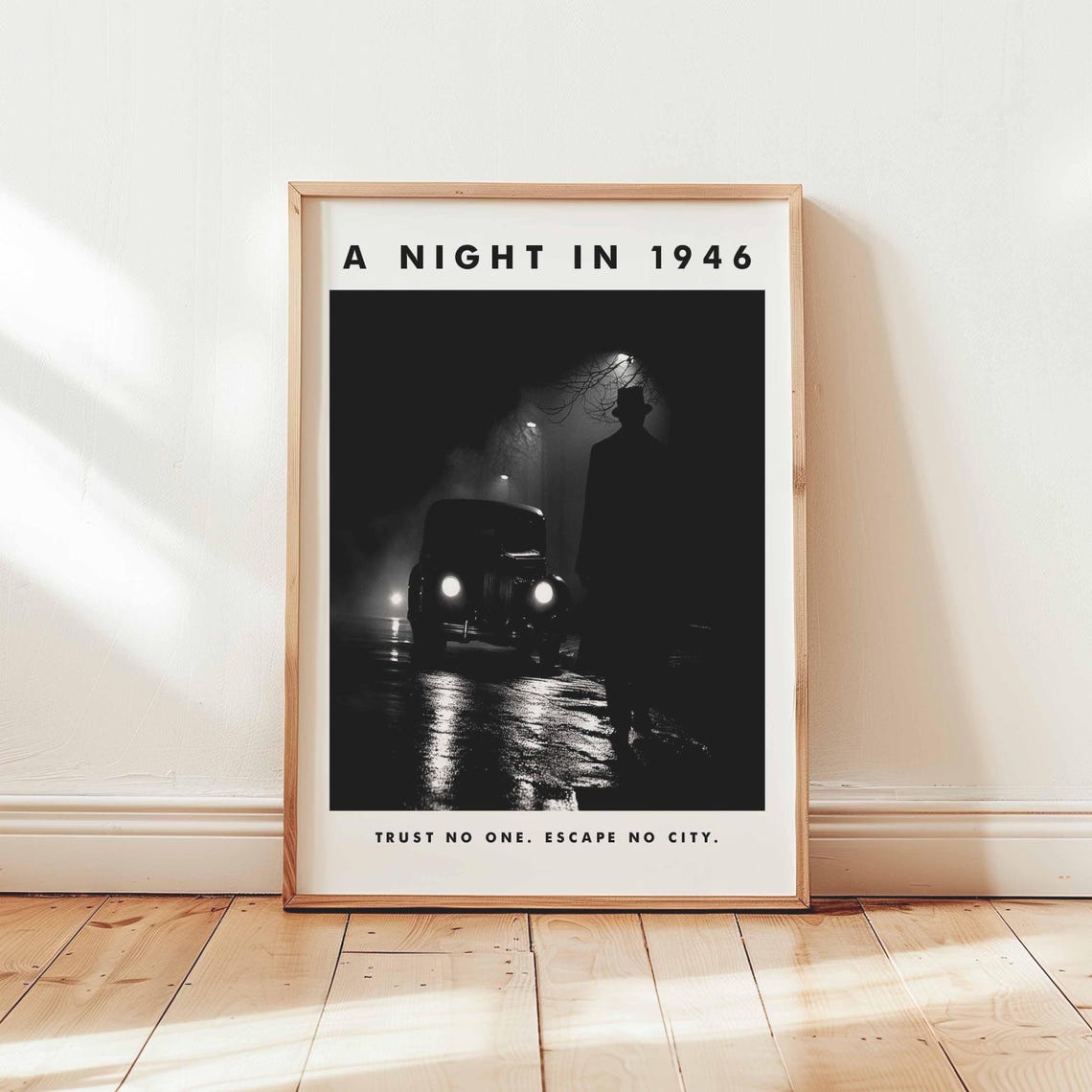 A Night in 1946 Detective and Vintage Car Headlights Noir Poster