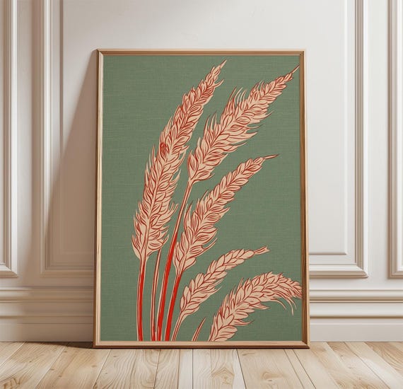 Wheat Stem Poster Botanical Wall Art Print Minimal Red Grain Plant Illustration