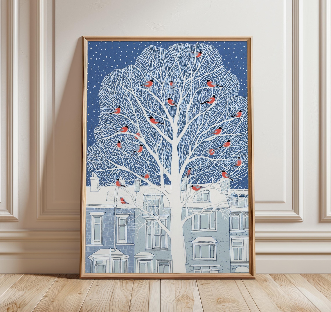 Winter Snowy Tree Red Birds Night Sky Holiday Village Scene Poster