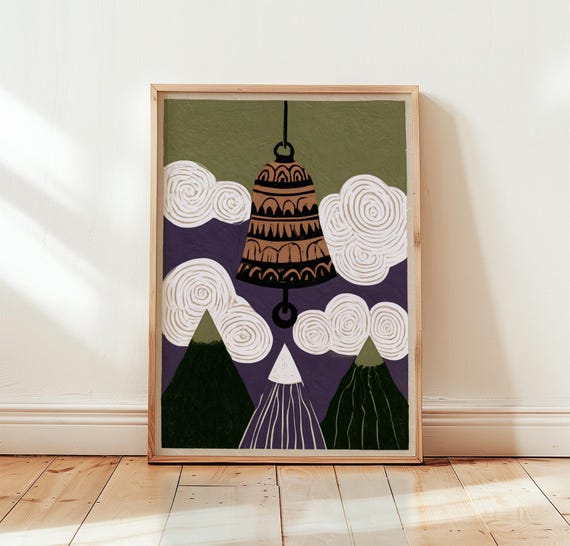 Temple Bell Print, Neutral Mountain Poster