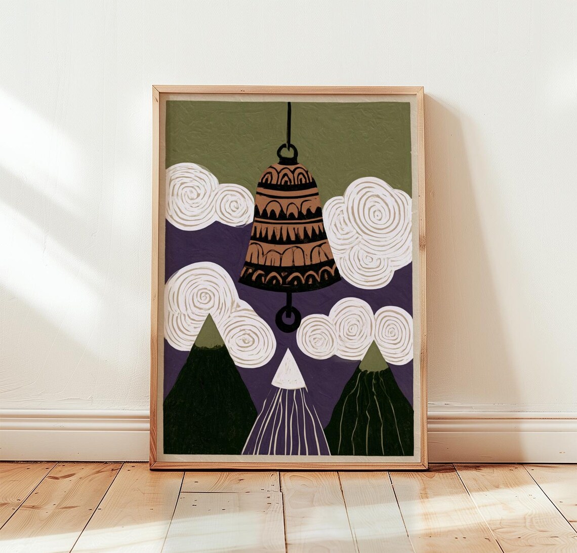Temple Bell Print, Neutral Mountain Poster
