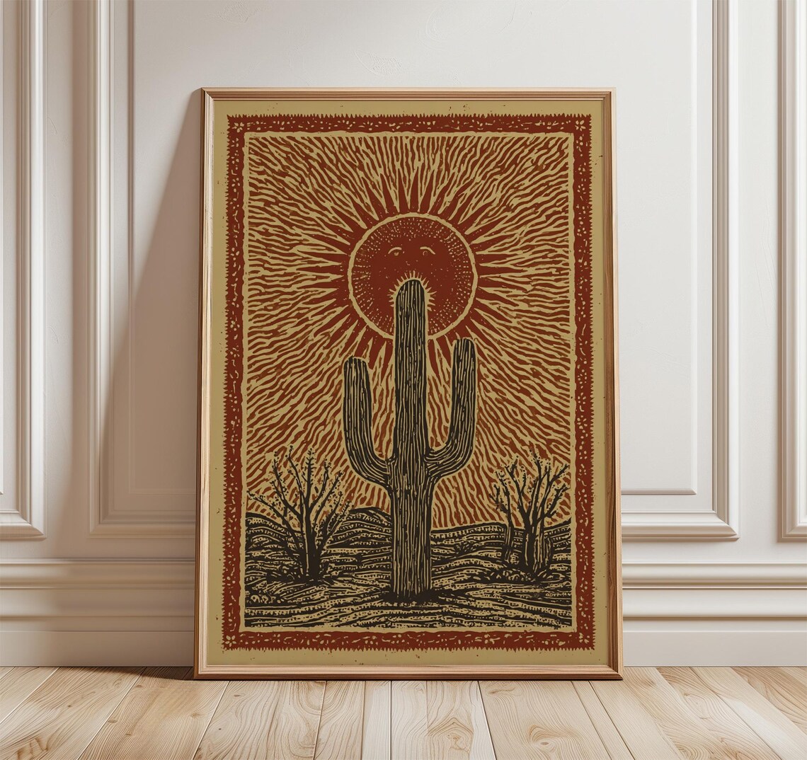 Desert Cactus Folk Illustration Art Print, Rustic Southwest