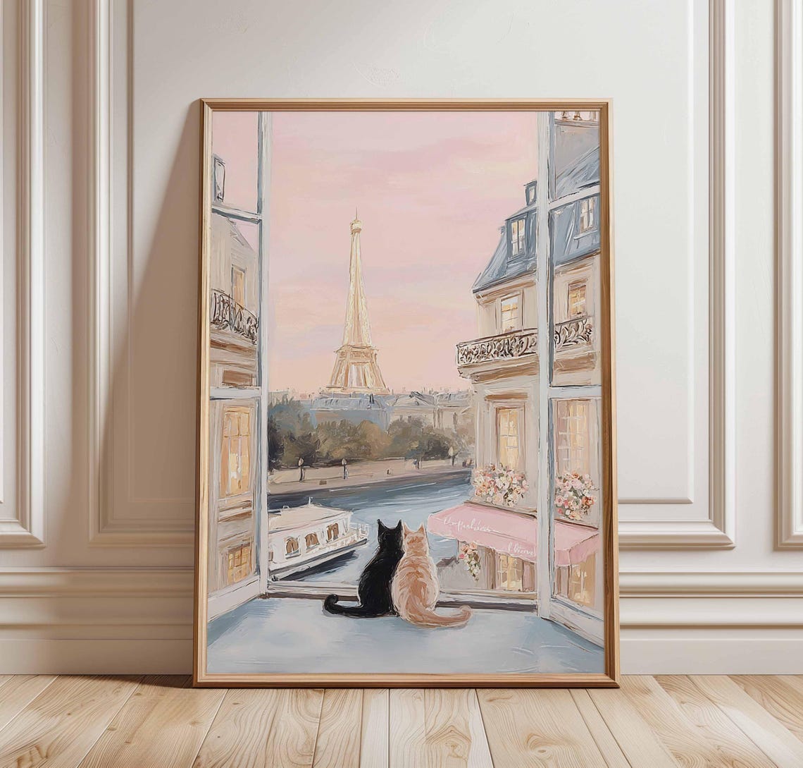Paris Cat Wall Art Print Eiffel Tower Window View Poster Romantic French Apartment Decor Whimsical Cats Illustration