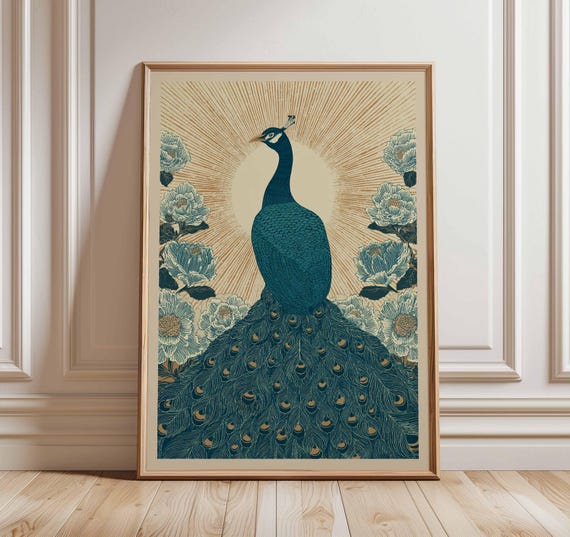 Peacock Poster Wall Art Regal Bird Artwork Print Botanical Floral Illustration Vintage Inspired Nature Decor Elegant