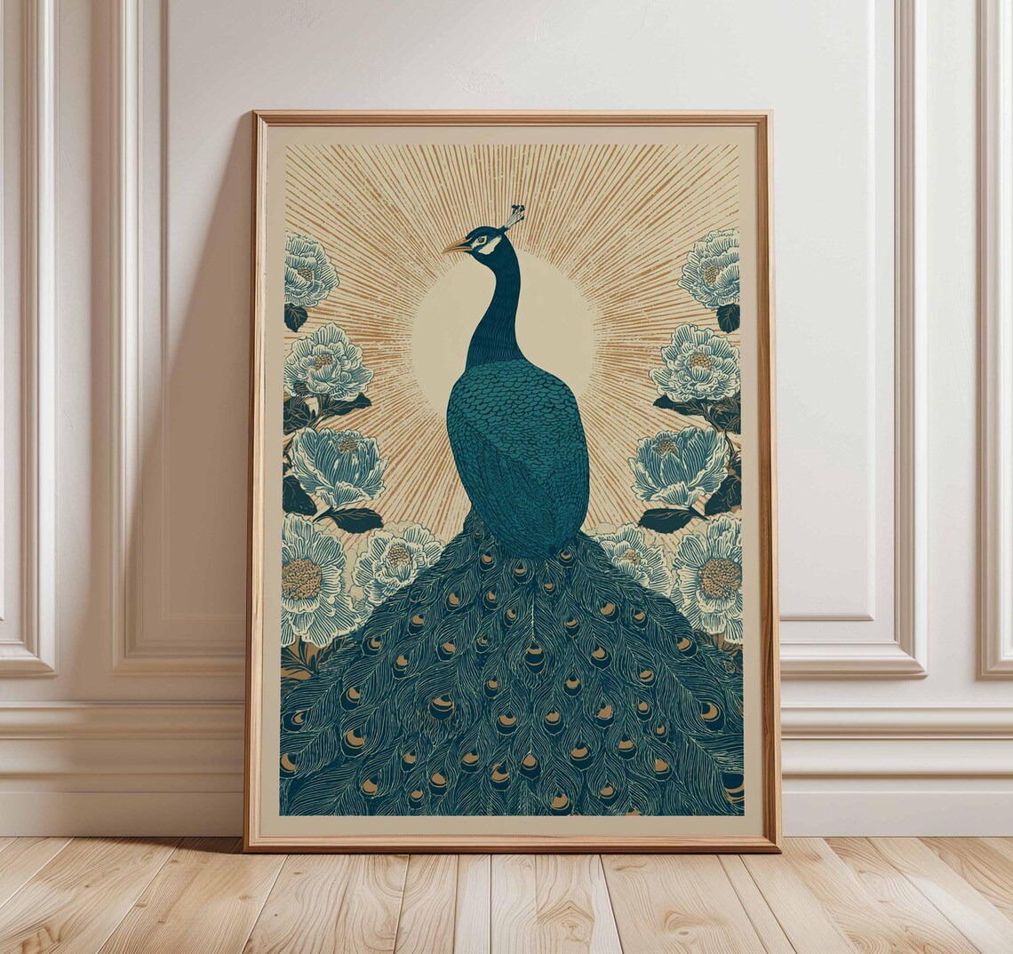 Elegant Teal Peacock with Golden Sunburst and Floral Blooms Poster