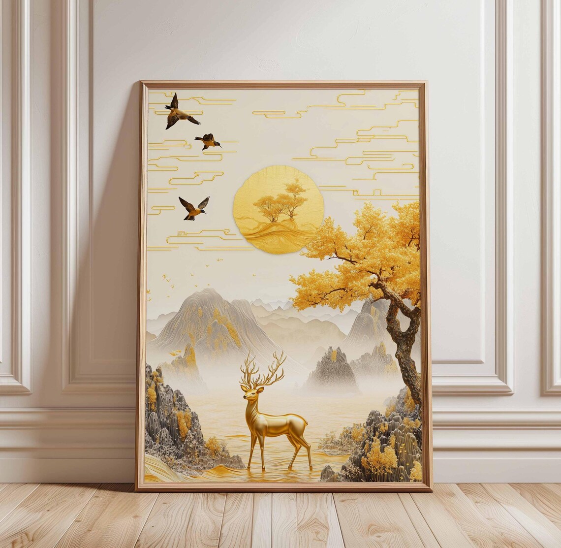 Golden Deer Mountain Sun Asian Inspired Elegant Nature Art Poster