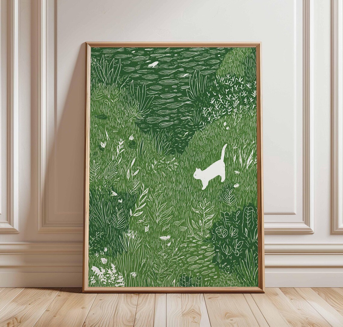 White Cat In Meadow, Whimsical Animal Art Print