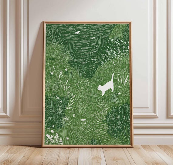 White Cat In Meadow, Whimsical Animal Art Print
