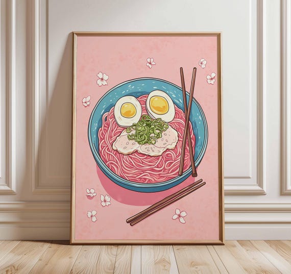 Ramen Poster Japanese Food Art Print Noodle Bowl Illustration Kitchen Wall Decor Asian Cuisine Artwork Pink