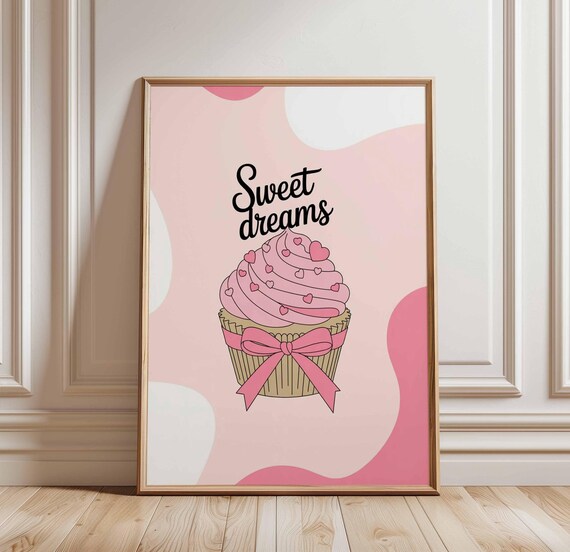 Sweet Dreams Cupcake Poster Cute Pink Wall Art Kawaii Dessert Print Girl Bedroom Decor Pastel Bakery Pop Illustration