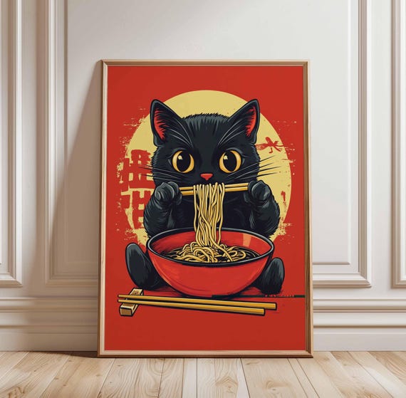 Black Cat Ramen Poster Cute Noodle Art Kawaii Print Japanese Food Eating Asian Wall Fun Kitchen Decor