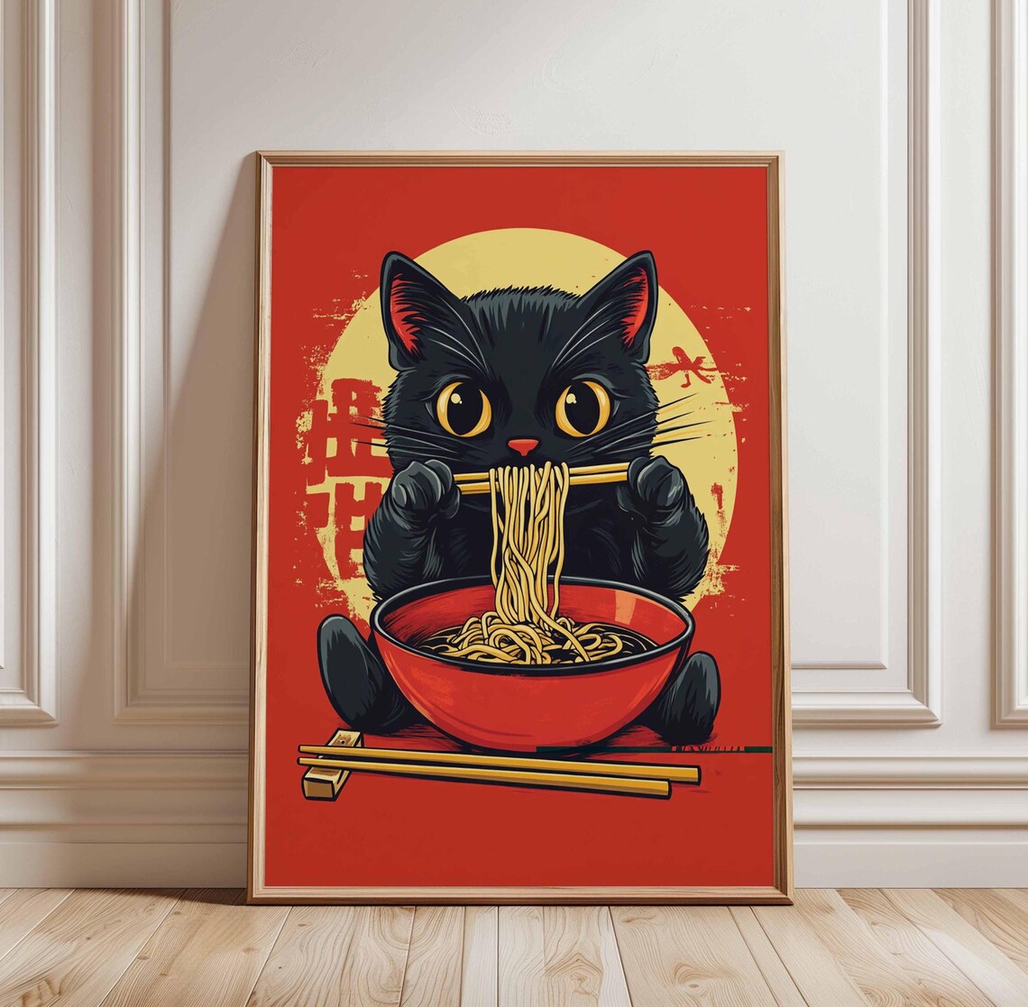 Playful Black Cat Eating Ramen with Chopsticks Red Sun Japanese Poster