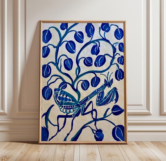Blue Orchid Mantis Folk Art Insect Poster