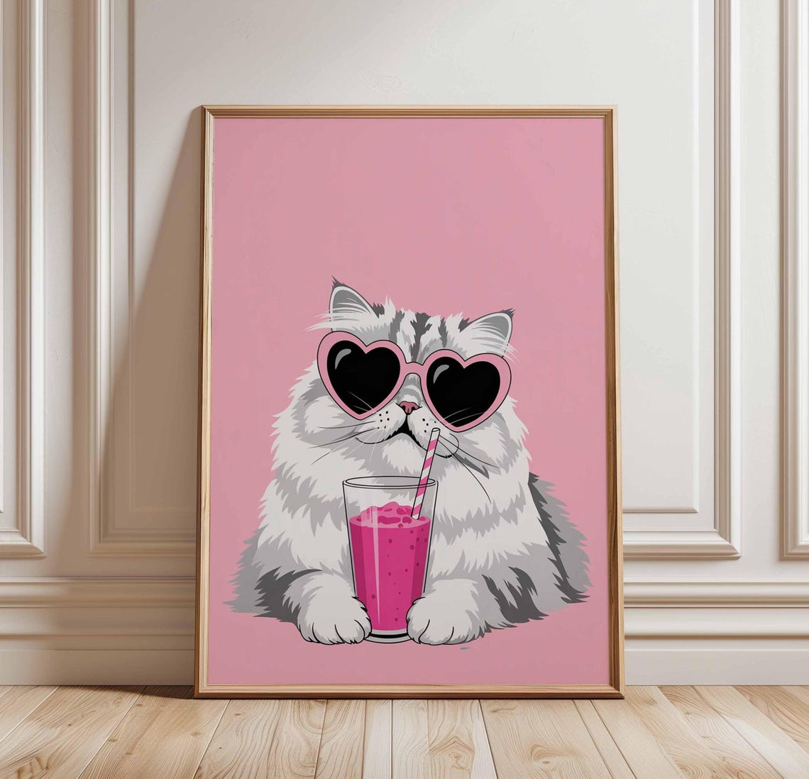 Cool Cat Pink Smoothie Poster Heart Sunglasses Funny Kitty Artwork