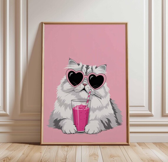 Cool Cat Pink Smoothie Poster Heart Sunglasses Funny Kitty Artwork
