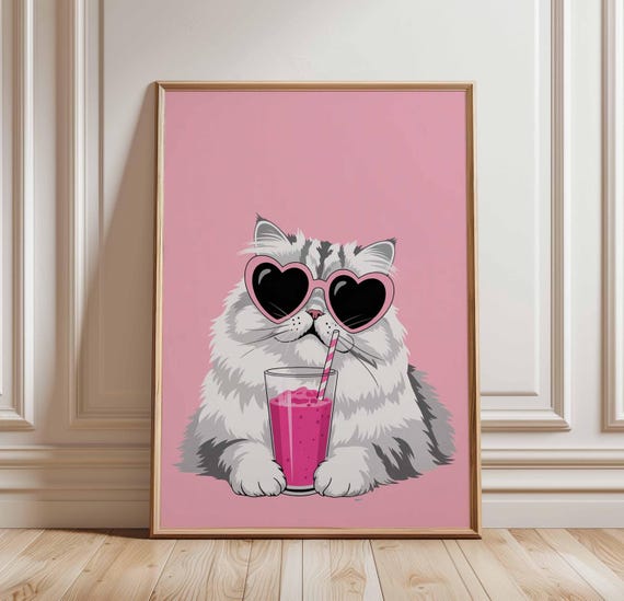 Cool Cat Wall Art Poster Pink Drink Kitty Print Heart Sunglasses Funny Unframed Pop Style Decor For Animal And Lovers