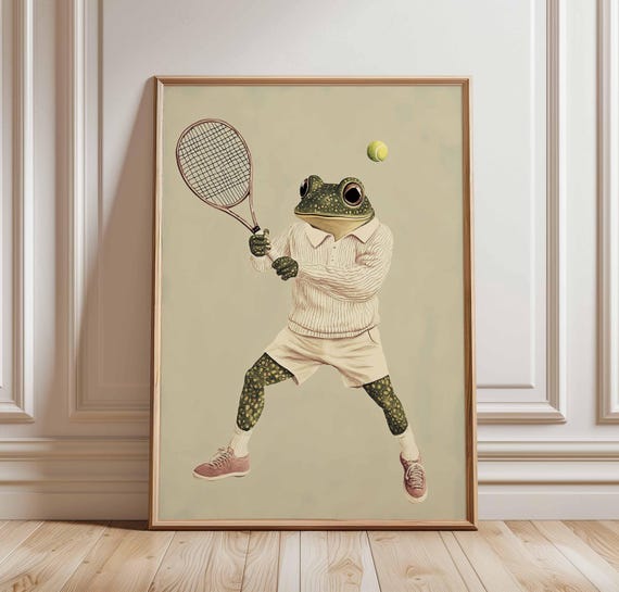Funny Frog Tennis Poster, Quirky Sports Illustration