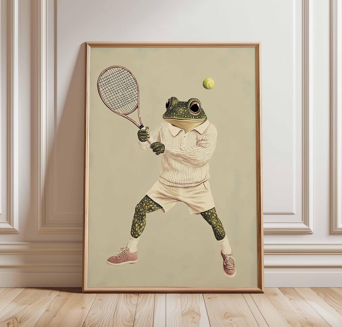 Funny Frog Tennis Poster, Quirky Sports Illustration