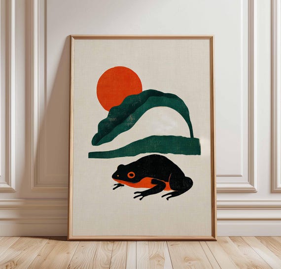 Black Frog Modern Art Print Sunset And Mountain Poster Minimalist Nature Wall Graphic Wildlife Decor Unframed Abstract Illustration