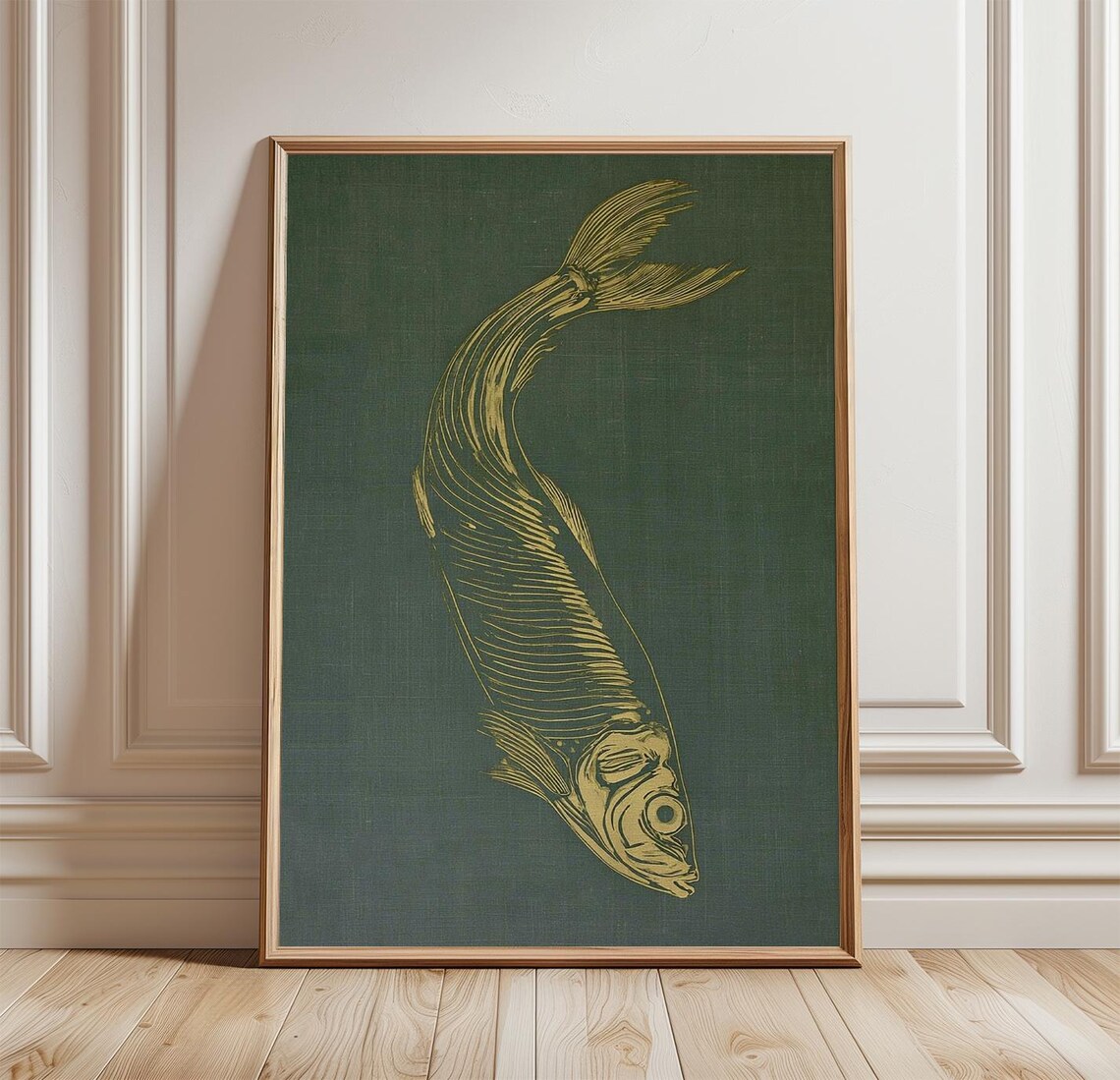 Anchovy Fish, Gold Linocut Coastal Art Print
