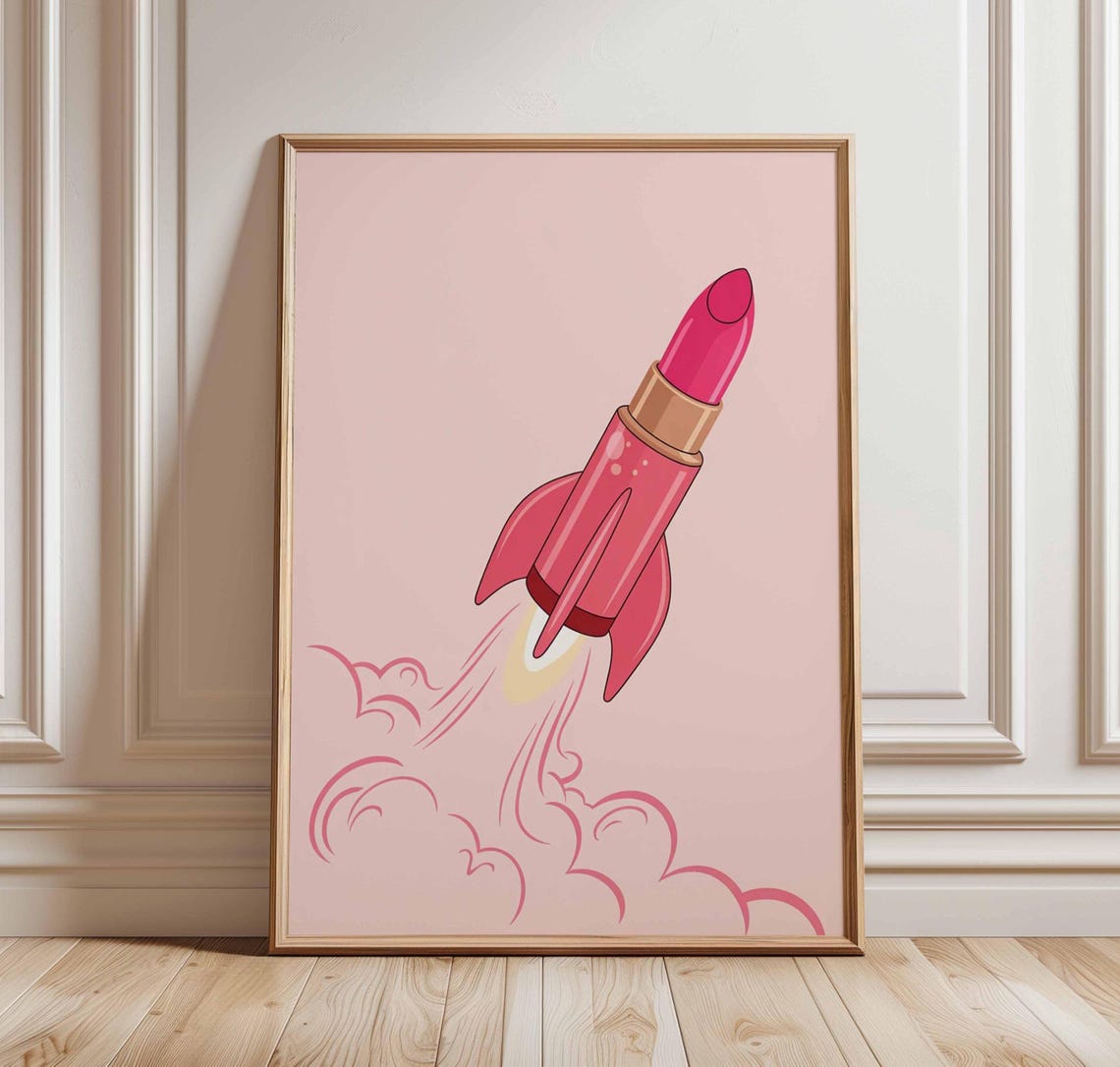 Lipstick Rocket Poster Pink Beauty Wall Art Bold Feminine Pop Print Fun Makeup Room Decor Quirky Retro Illustration