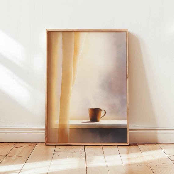 Minimalist Coffee Mug Poster Warm Neutral Wall Art Print Cozy Window Light Soft Sunlight Curtain Decor Calm Interior Artwork