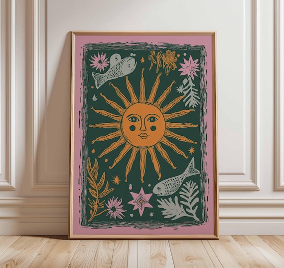 Sun And Moon Poster Boho Celestial Wall Art Mystical Folk Print Astrology Home Decor Cosmic Spiritual Artwork