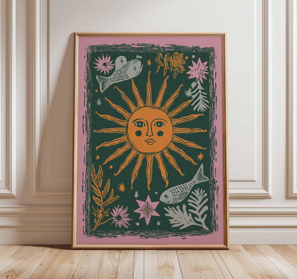 Sun And Moon Poster Boho Celestial Wall Art Mystical Folk Print Astrology Home Decor Cosmic Spiritual Artwork