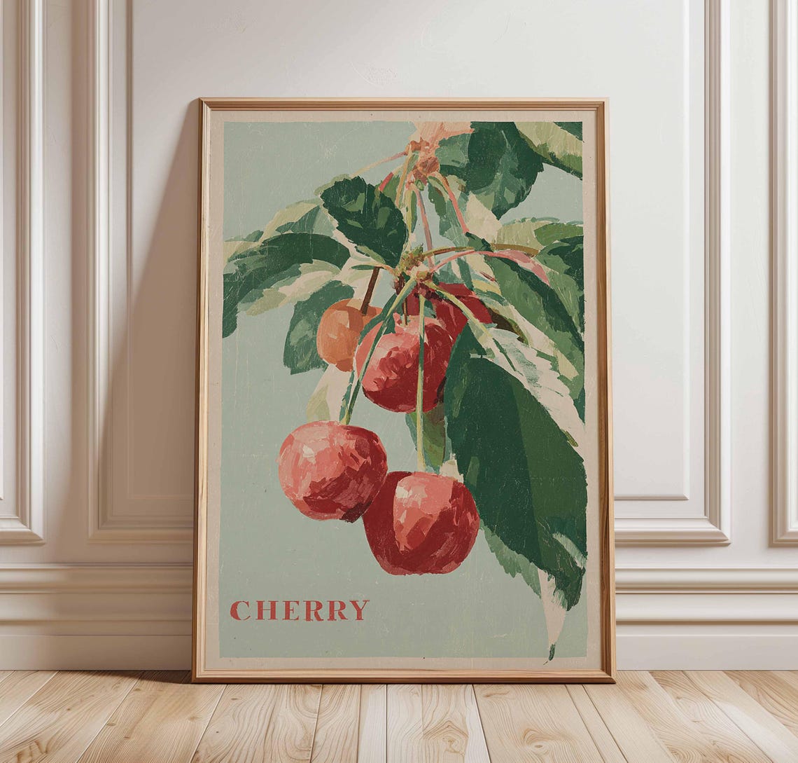 Cherry Fruit Wall Art Print Vintage Botanical Poster Rustic Kitchen Decor Farmhouse Illustration Red Artwork