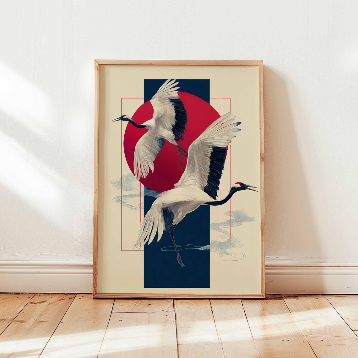 Japanese Red Crowned Cranes Red Sun Oriental Minimalist Art Poster