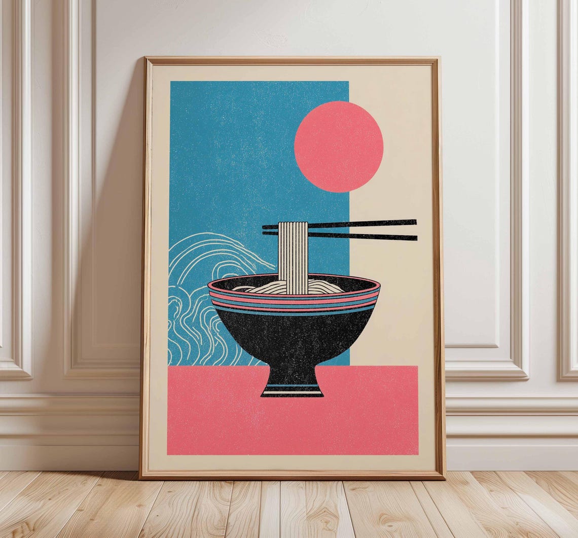 Retro Pink Sun Teal Wave Ramen Bowl Minimalist Food Art Poster