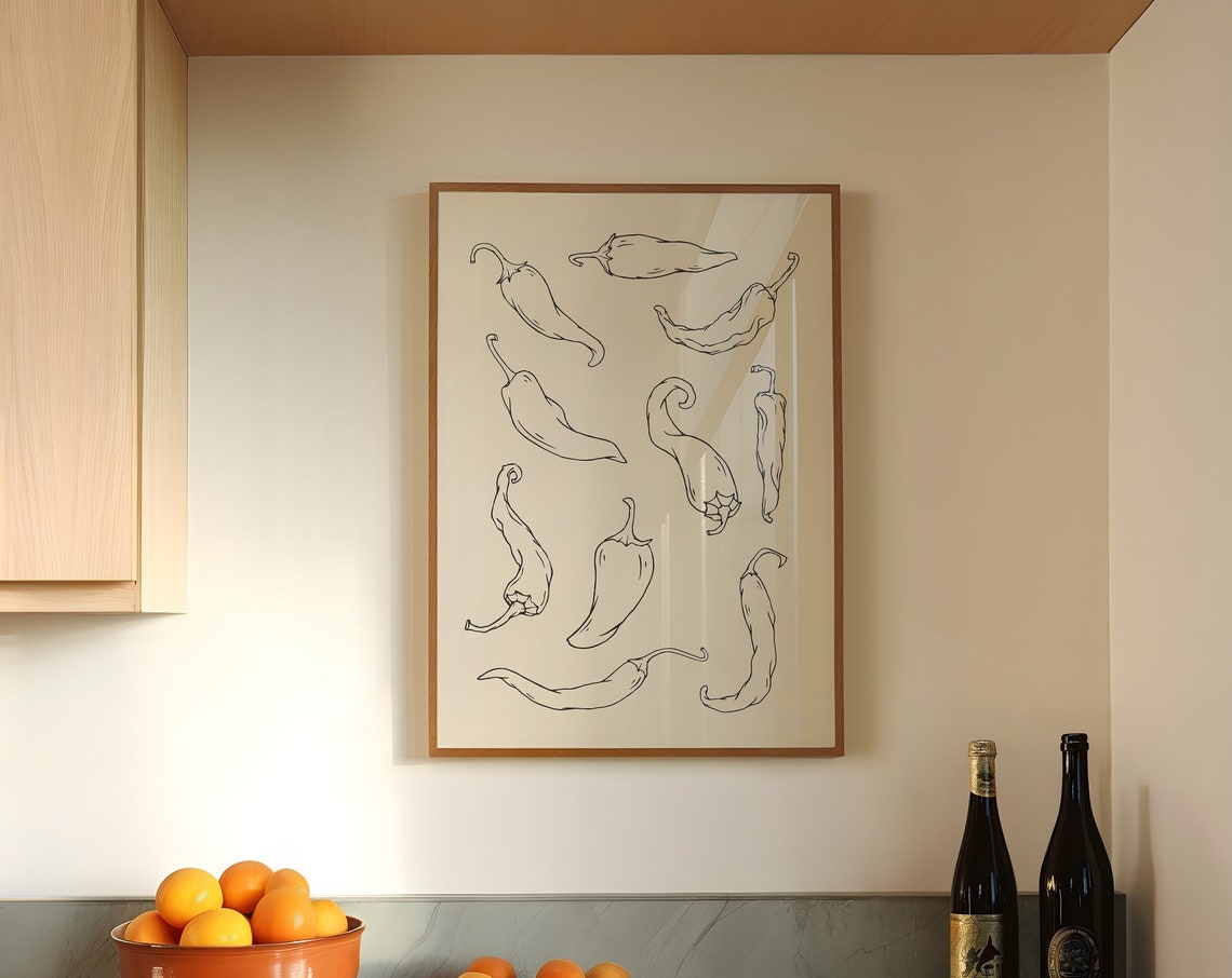 Chili Pepper Line Drawing Sketch Minimalist Kitchen Botanical Wall Art