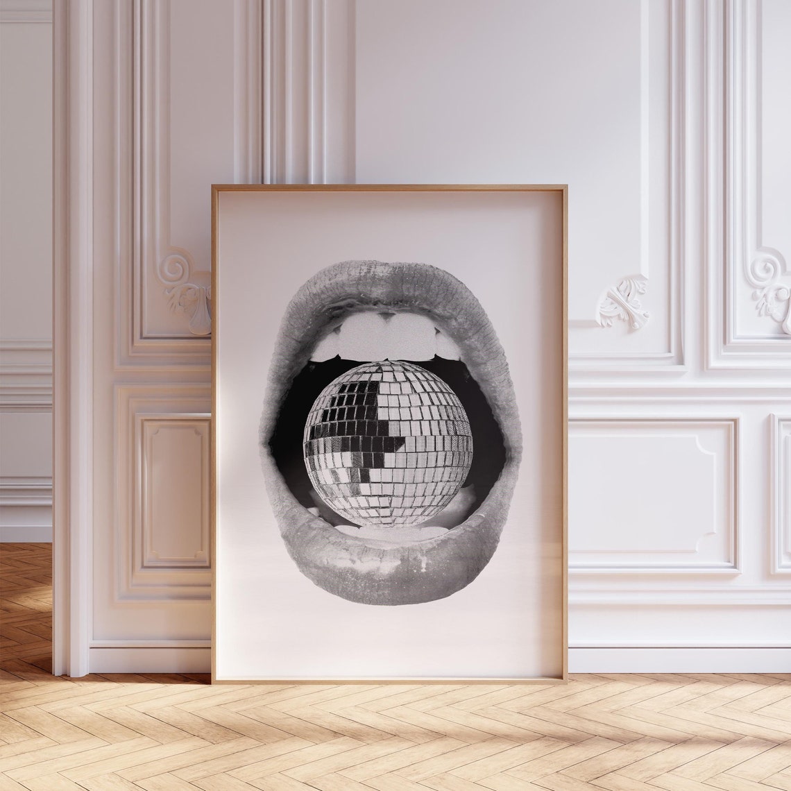 Disco Ball In Lips 70s Pop Art Black White Funky Retro Poster