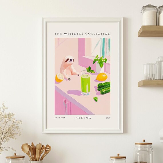 The Wellness Collection No11 Juicing Sloth Kitchen Art Poster
