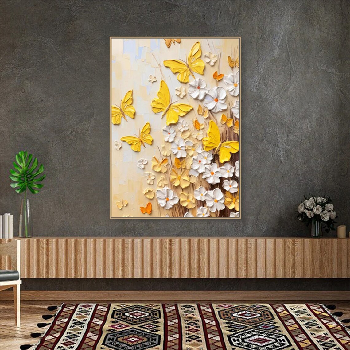 Yellow Butterflies and White Daisies 3D Textured Oil Painting Wall Art - Image 3