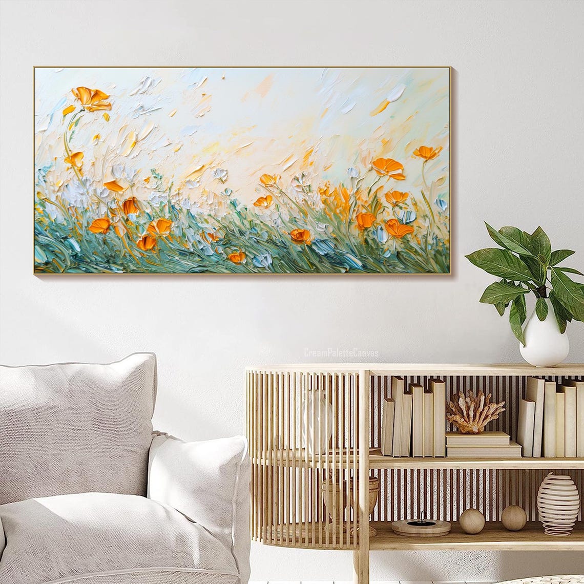 Orange Poppies White Wildflowers Breeze Textured Oil Painting Wall Art - Image 2