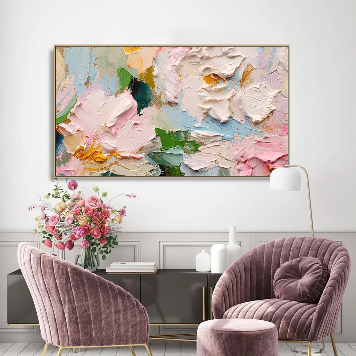 Pastel Abstract Floral Pink Blue Cream Textured Oil Painting Wall Art - Image 2