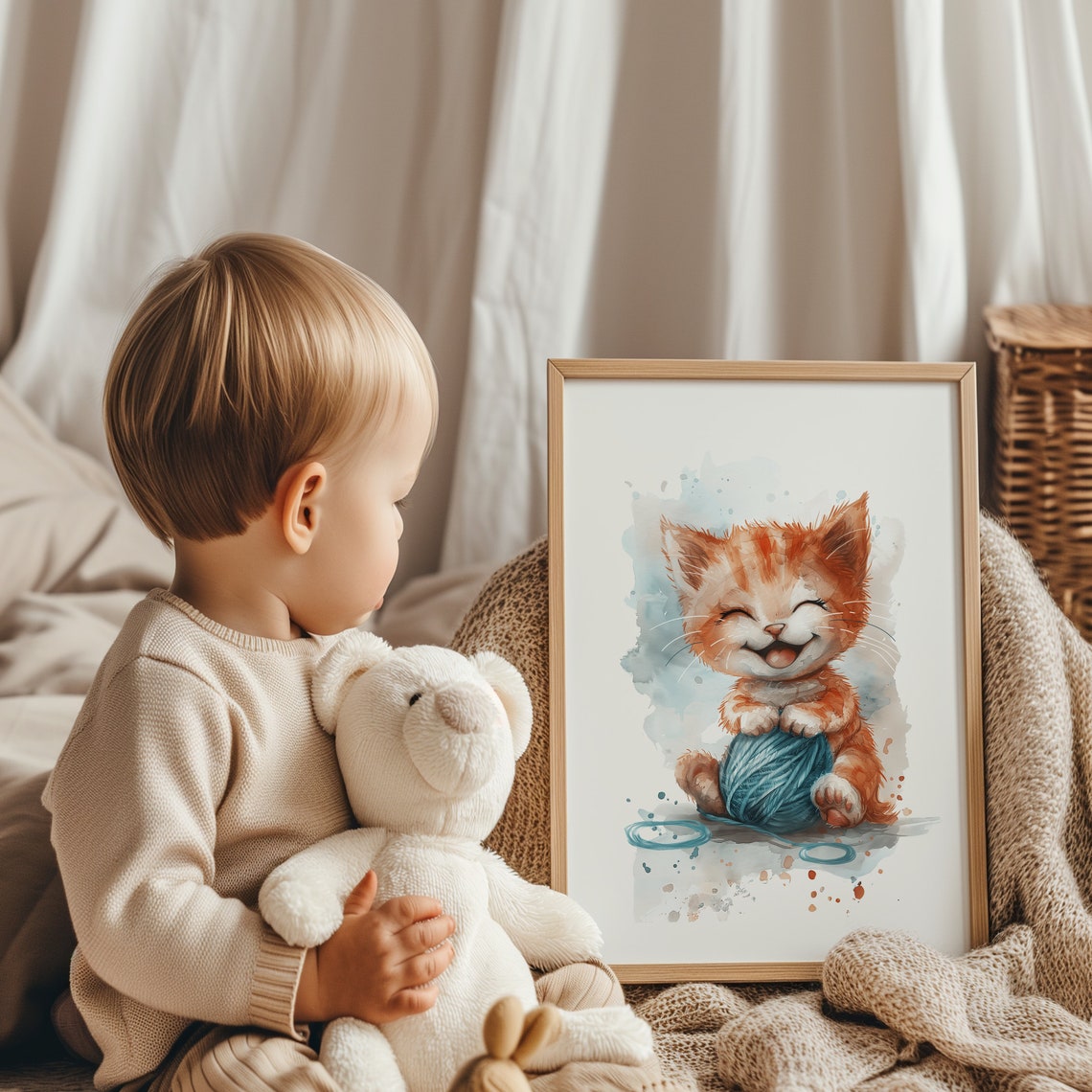 Happy Kitten Playing with Yarn Ball Watercolor Nursery Poster - Image 2