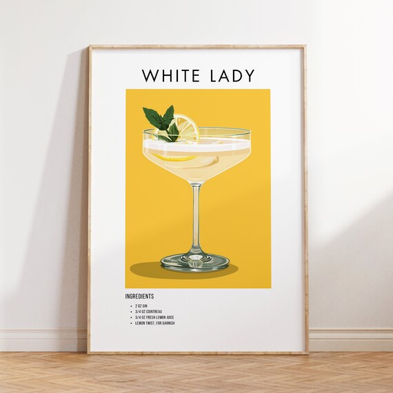 White Lady Classic Gin Cocktail Recipe Ingredient Art Poster