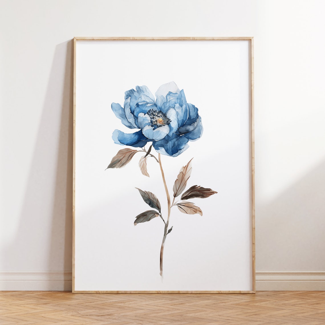 Blue Peony Bloom Watercolor Floral Botanical Elegant Art Poster