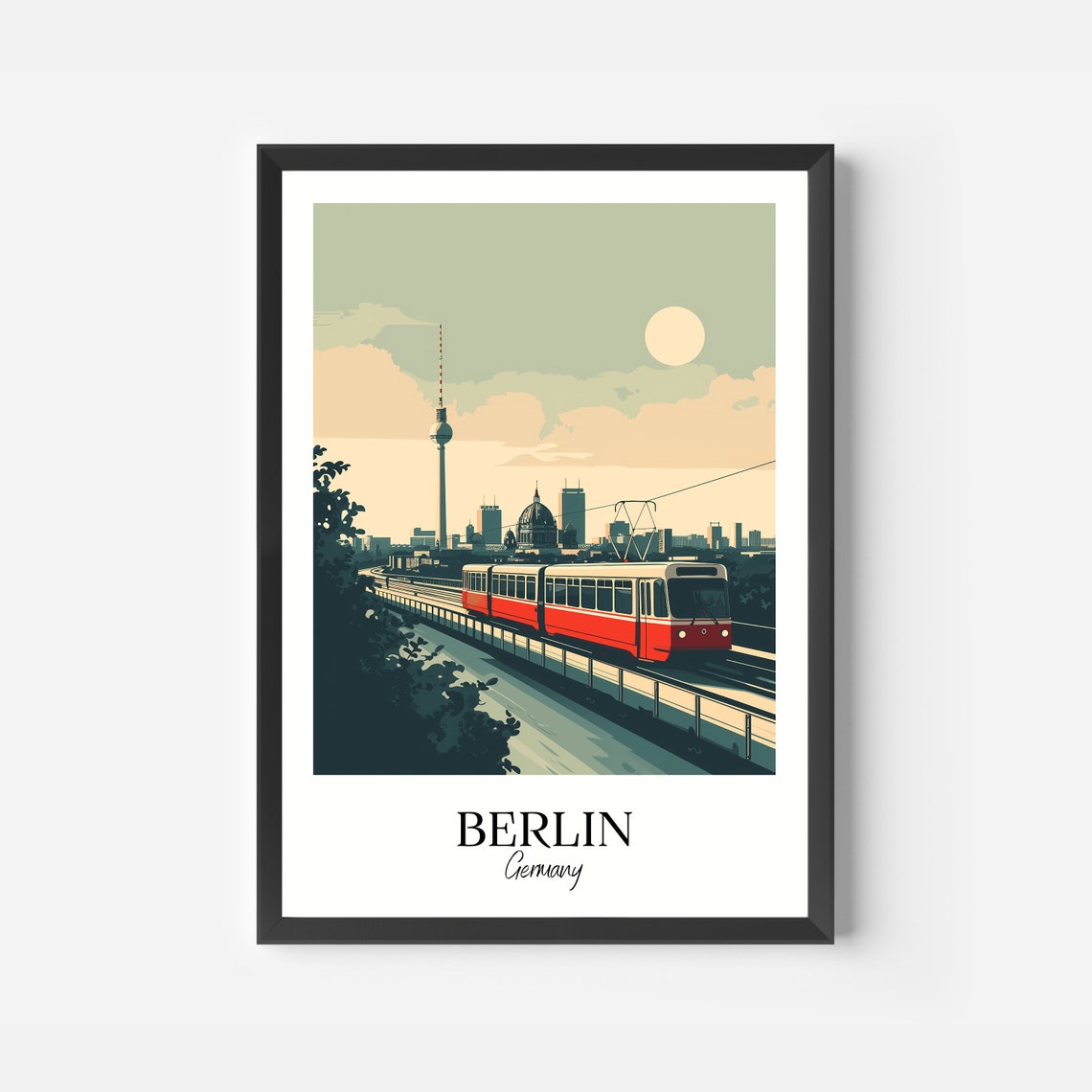 Berlin Germany TV Tower Red Tram Sunset Skyline Retro Travel Poster - Image 2