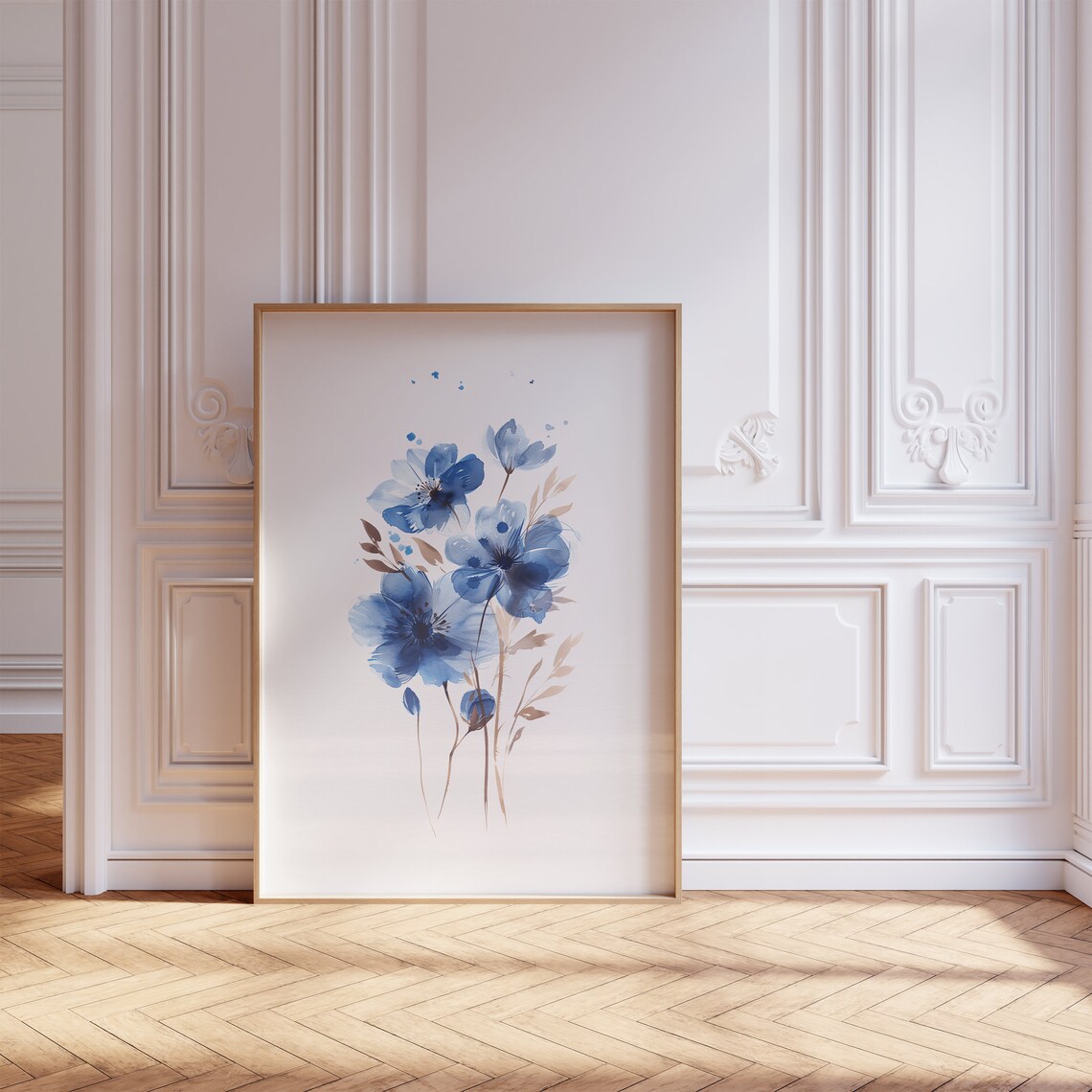 Blue Floral Bouquet Watercolor Minimalist Botanical Art Poster - Image 2