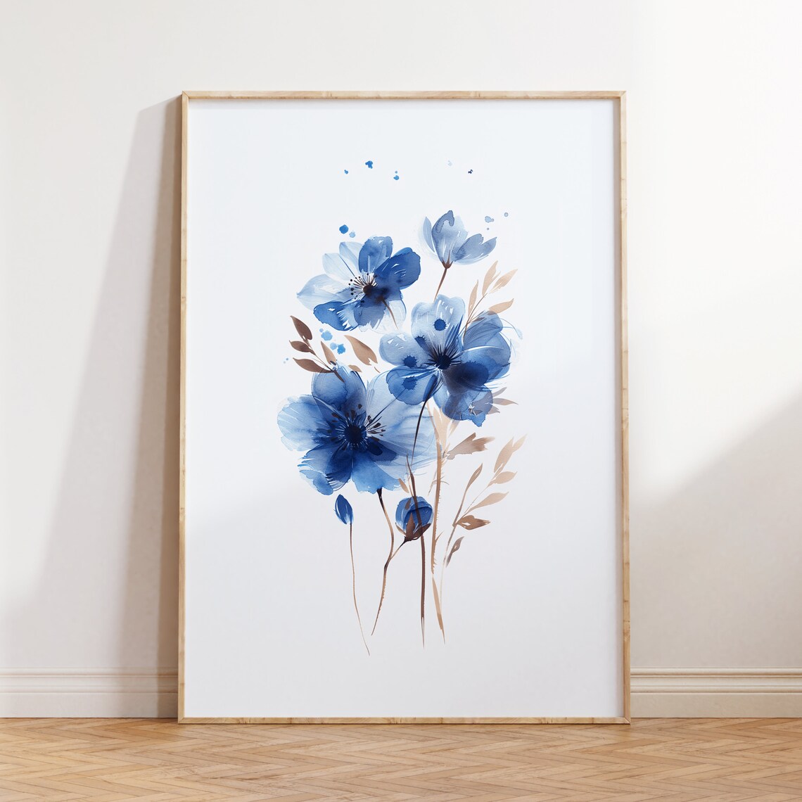 Blue Floral Bouquet Watercolor Minimalist Botanical Art Poster